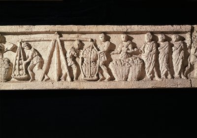 Alívio retratando o empilhamento dos pães em cestas e levando-os para pesagem. do túmulo de Euryaces the Baker, Porta Maggiore, Roma, ca. 50-20 BC50-20 de Roman