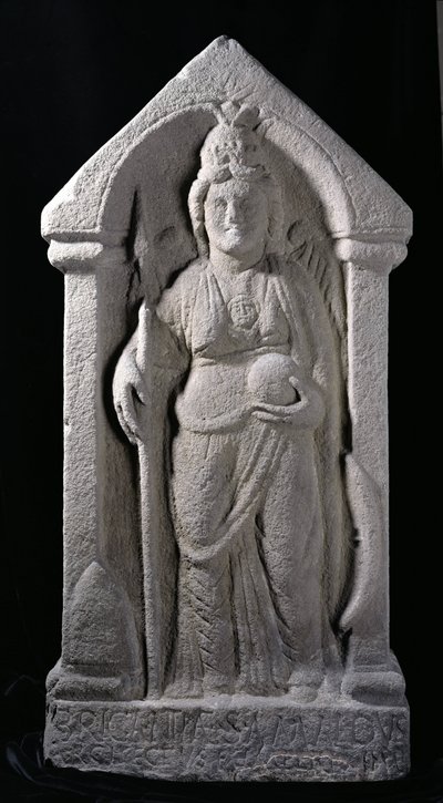 Escultura em relevo representando Brigantia, uma deusa nativa do norte da Inglaterra, como uma deusa romana, de Birrens, Middlebie, Dumfriesshire (pedra) de Roman