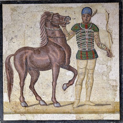 Representação das quatro facções do circo romano: os Verdes (factio prasina). As facções eram clubes envolvidos em competições circenses no Alto Império (século I d.C.) e caracterizados por uma cor. Mosaico, Roma Museo nazionale Romano. de Roman
