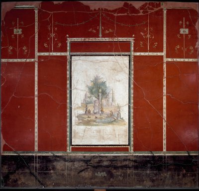 Arte Romana: "Paisagem bucólica e sagrada" Fresco atribuído ao mestre de Amando. de Boscotrecase, vila Agrippa Postumo. século I. Dim. 153x98 cm Nápoles, Museo Archeologico Nazionale de Roman
