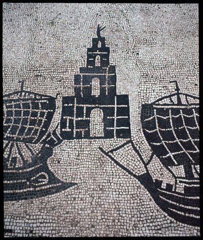 Arte Romana: "Farol e Navios" Mosaico da Corporation des gens de la mer, Place des Corporations de Roman