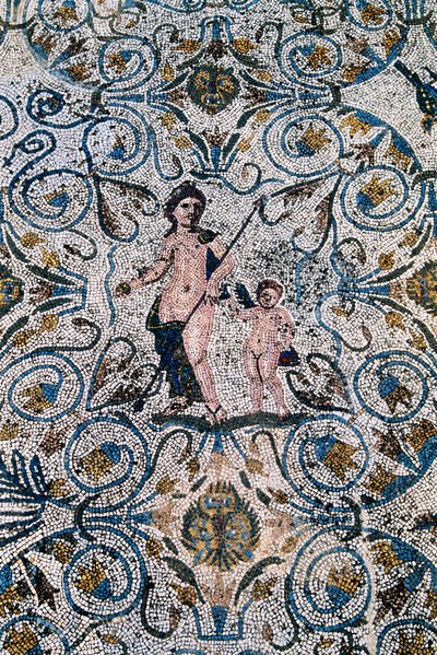 Arte Romana: Mosaico do século IV d.C. da villa romana do anfiteatro. Mérida, Museo Nacional de Arte Romano, Espanha de Roman
