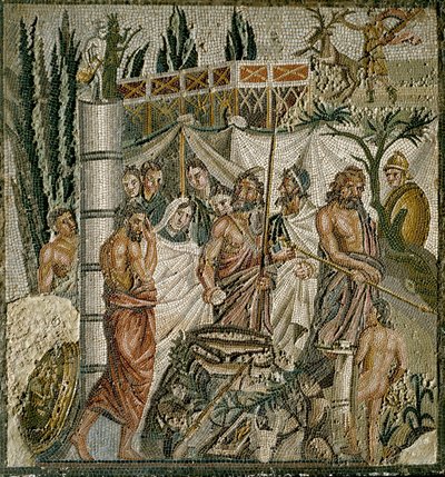 Arte Romana: "O Sacrifício de Iphigenie" O Rei Agamémnon sacrifica a sua filha para apaziguar a ira de Artemis (Diana). Mosaico do século I AC. Museo di Ampurias (Empúrias), Espanha de Roman
