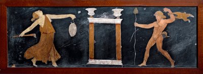 Arte Romana: "A dança de um menade e um sátiro perto de um pequeno templo" Marquetry de Pompei. Dim. 23x67 cm Museo Archeologico Nazionale, Nápoles de Roman