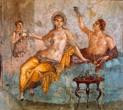 Arte Romana: cena de banquete, um jovem e uma cortesã (um banquete na Roma antiga, um jovem e uma cortesã) Afresco romano do 4º estilo Pompeu do local de Ercolano (Herculanum ou Herculaneum) 60-80 d.C. Dim 65x66 cm Apresentado na National de Roman