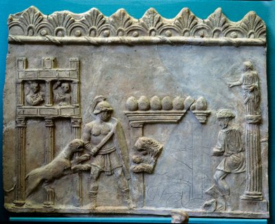 Arte de Antiquite do Império Romano. Venatio: Luta de Gladiadores contra as bestas. Escultura de Roman