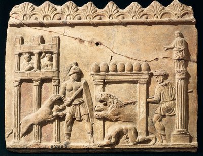 Alívio Romano retratando leões e gladiadores lutando no circo de Roman