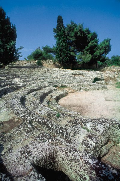 Restos Romanos de Pollentia, detalhe do anfiteatro, Alcudia, Mallorca, Espanha de Roman