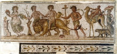 Antiquidade romana: "Procissão Dionisíaca" Silene monta um camelo, um menágeo toca um instrumento. Mosaico de El Jem (Thysdrus). Século III d.C. El Djem (Thysdrus), museu arqueológico. de Roman