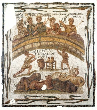 Antiquidade romana: "cena de banquete da confraria do Anfiteatro" Mosaico vindo de El Djem (ou Jem) na Tunísia. Século III d.C. Dim. 131x145 cm Musee du Bardo, Tunísia de Roman