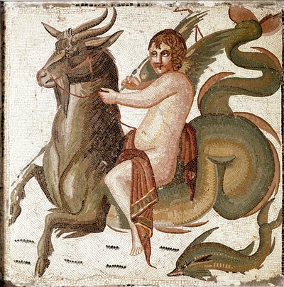 Arte romana: "Cupido montado numa criatura marinha" Mosaico de uma vila da família do Imperador Septius Severe. Fim do século II depois de JC. Roma, Museo Nazionale Romano de Roman