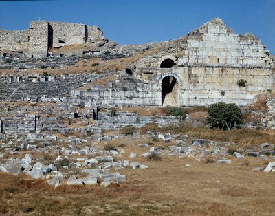 Arte romana, período helenístico: o teatro de Miletus. Século II. Turquia de Roman