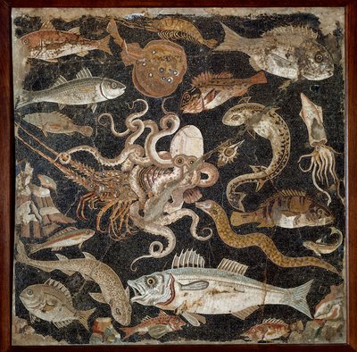 Arte romana: "Fauna marinha" Mosaico do século II. Nápoles, Museo Archeologico Nazionale, inv. 120177 - Arte romana: Vida marinha. Mosaico do século II a.C. Museu Nacional de Arqueologia, inv. 120177, Nápoles, Itália. de Roman