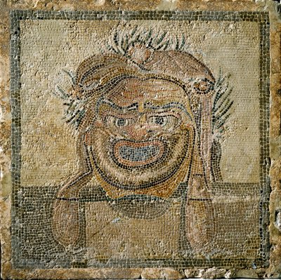 Arte romana: Máscara de teatro romana. Mosaico de Ampúrias (Empúrias). Século II d.C. Espanha Museo di Ampurias de Roman