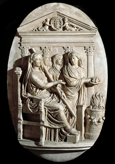 Arte romana: uma cena de sacrifício em Vesta (Hestia) de Villa Albani (baixo relevo) de Roman