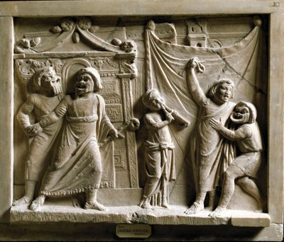 Arte romana: cena de teatro comédia (comédia) da peça "Andria" de Terence (Publius Terentius Afer) (185-159 a.C.), relevo de Pompei - Museo Archeologico Nazionale Nápoles - Cena da comédia grega Andria, de Terence (Publius Terentius Afer) (195/185-159 B de Roman