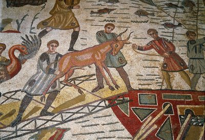 Arte romana: detalhe do mosaico "A parte principal da caça" As Gazelas são carregadas em navios. 315-350 AD. Piazza Armerina, Villa Romana del Casale de Roman