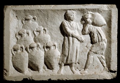 Arte romana: "carregamento e arrumação de jarras de vinho" Alívio. Século II d.C. Roma, Museu da Civilização Romana de Roman