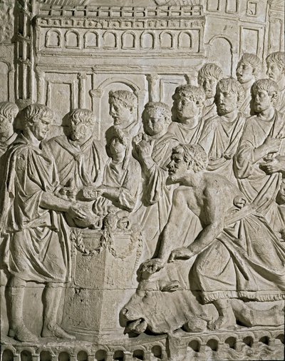 Arte romana: baixo relevo representando os cidadãos Sarmat prestando tributo aos romanos. A partir dos relevos da coluna de Marc-Aurele (Marx Aurele). Século II d.C. Roma, Museo della Civilta Romana de Roman
