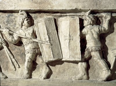 Arte romana: baixo relevo representando uma batalha de gladiadores. Século I d.C. Roma, Museo della Civilta Romana de Roman