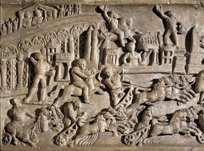 Arte romana: baixo relevo representando corridas de tanques no Circus Maximus (Grand Circus ou Circus Maxime) em Roma. Século II d.C. Roma, Museo della Civilta Romana de Roman