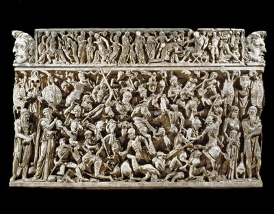 Arte romana: cena de batalhas entre guerreiros romanos e bárbaros durante as guerras Marcoman (ou Marcomannic). Alívio do sarcófago chamado Portonaccio de um general de Marc Aurele. 180-190. Roma, Museo Nazionale Romano (o delle Terme). de Roman