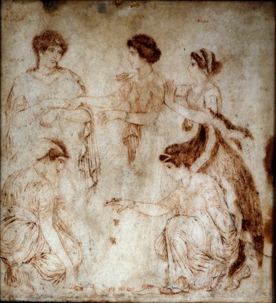 Arte romana: "os tocadores de ossos" São tocados por Niobe e quatro das suas filhas. Monocromático sobre mármore de Herculano (Ercolano) do século I d.C. Dim. 42x49 cm Museo Archeologico Nazionale, Nápoles de Roman