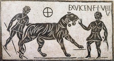 Arte romana: "duas mulheres domesticando um tigre" Mosaico de Castro pretorio em Roma. Século I d.C. Roma, Museo Nazionale Romano de Roman
