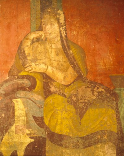 Mulher romana, detalhe de pintura do Culto dos Mistérios Dionísios, Segundo Estilo Pompeu, Vila de Mistérios, Pompeia, Campânia, Civilização Romana de Roman