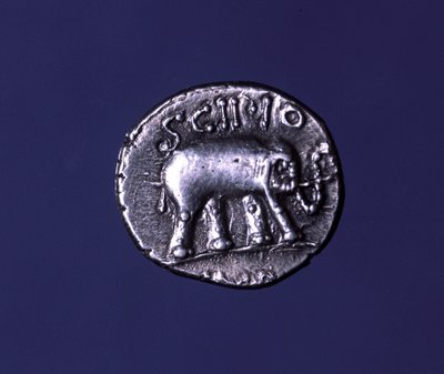 Moeda de prata representando um elefante, animal fetiche dos Scipions. Lucius Caecilius Metellus apreendeu os elefantes cartagineses em 251 AC. 47-46 AC. de Roman