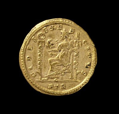 Solidus (reverso) de Constantino I, o Grande (306 AD-AD 337) representando Fides sentado à esquerda no trono. Inscrição: FIDES EXERCITVS (ouro) (para anverso ver 119150) de Roman