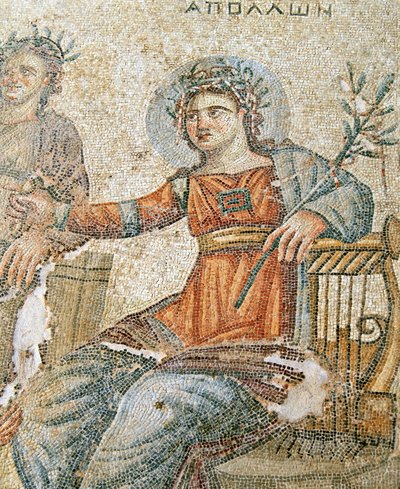 O mosaico Apollo e Marsyas, detalhe de Plínio e Apolo, Casa de Aion, Paphos, mosaico de Chipre de Roman