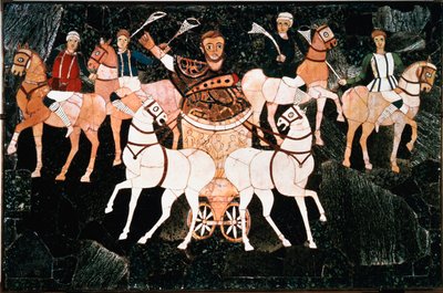 O cônsul romano Iulius Annius Bassus representa em um quadrige Detalhe da placa de opus sectil que data do século IV. Basílica de Junius Bassus (Basílica de Iunii), Esquilin em Roma. Conservatório no Museu Conservatori, Roma. de Roman