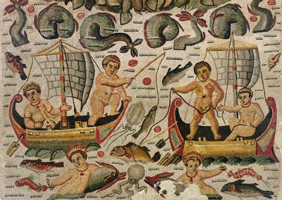 O triunfo de Netuno e Amphitrite, detalhe de cupidos, mosaico de pesca de Roman