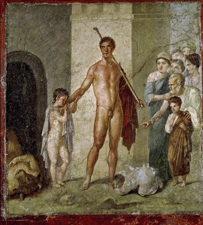 Teseu libertando crianças do Minotauro, da Casa de Gavius Rufus, Pompéia, 4º estilo pompeiano, c.50-79 dC de Roman