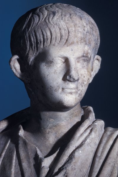 Estátua Togate do jovem Nero, vista frontal da cabeça, c.50 AD (mármore) (detalhe de 140378) de Roman