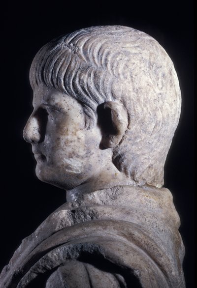 Estátua Togate do jovem Nero, vista lateral da cabeça, c.50 AD (mármore) (detalhe de 140378) de Roman