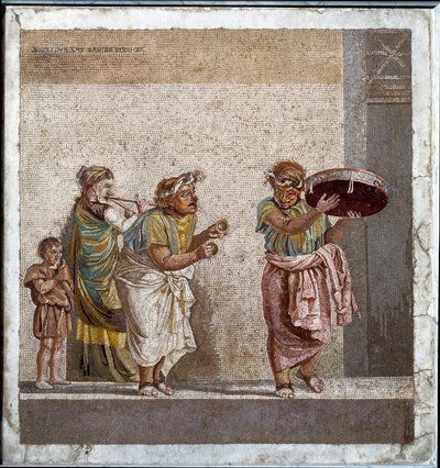 Músicos viajantes dedicados à adoração do divinito Cibele. Mosaico depois do original de Dioscorides de Samos (ou Dioscourides) (século II a.C.) na casa de Ciceron em Pompéia de Roman