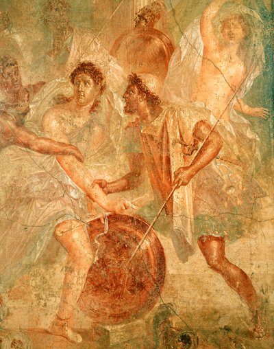 Ulisses e Diomedes reconhecem Aquiles disfarçado de Pirro fêmea entre as Filhas de Lycomedes no Skyros, de Pompéia (fresco) de Roman