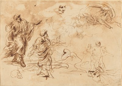 Estudos para uma cena bíblica com Deus Pai aparecendo para uma figura masculina barbuda de Roman 17th Century