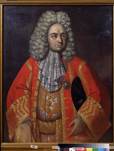 Retrato de Grigory Dmitrievich Stroganov (1656-1715) (Retrato de G. D. Stroganov). Latifundiário e estadista russo, fervoroso defensor das reformas e iniciativas de Pierre Le Grand (1672-1725). Tem um medalhão com, sem dúvida, o retrato de Roman Nikitich Nikitin