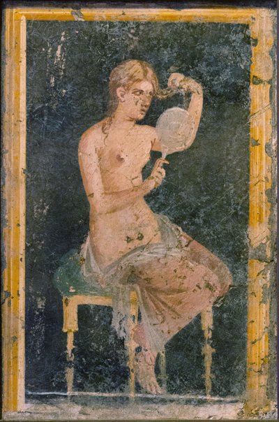 Mulher com Espelho, 1º H. Século I. DE ANÚNCIOS. de Roman Pompeian wall painting.