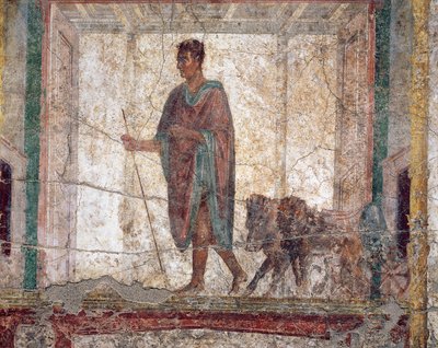 Afresco romano antigo A.D.metus com javali e leão atrelados a uma carruagem de Roman Roman