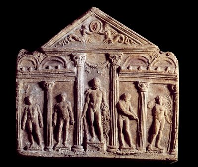 Placa decorativa em terracota chamada Campana que representa um templo com estátuas, incluindo a de Hércules, no centro. Roma Antiga. Paris, Museu do Louvre. de Roman Roman