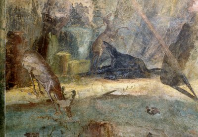 Veado atacado por cão, pormenor de Actaeon devorado pelos seus cães, fresco da Casa de Menandro, Pompeia (Lista do Património Mundial da UNESCO de Roman Roman