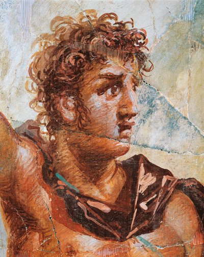 Pormenor de um fresco representando Alexandre, do Casamento de Alexandre (Ares) e Stateira (Afrodite), Regio 6 Insula Occidentalis 39, Pompeia (Lista do Património Mundial da UNESCO de Roman Roman