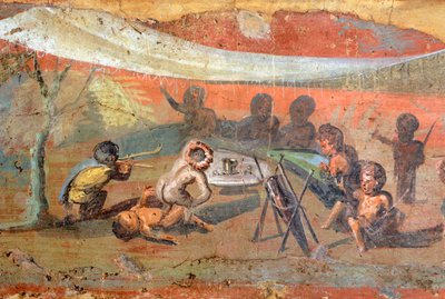 Pormenor de uma pintura representando uma cena em gesso ao longo do Nilo com pigmeus, 56x217 cm, de Pompeia, Património Mundial da UNESCO de Roman Roman
