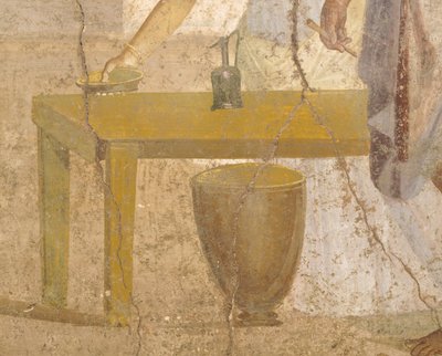 Pormenor de um fresco representando uma refeição de sacrifício, Casa dos Cupidos dourados, Pompeia, Campânia, Civilização Romana de Roman Roman