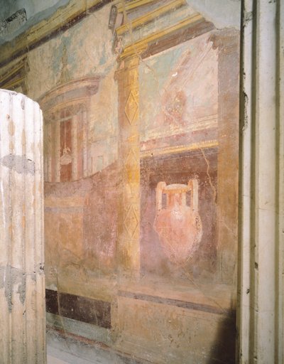 Pormenor de frescos na sala do triclínio, Casa do Labirinto, Pompeia, Campânia, Civilização Romana de Roman Roman