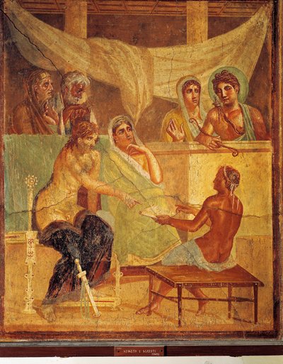 Fresco representando e A.D.metus e Alcestis oráculo consultivo, da Casa do Poeta Trágico, Pompeia, Itália de Roman Roman